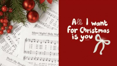Christmas sheet music and red ornaments with All I Want for Christmas is You text on a red background.