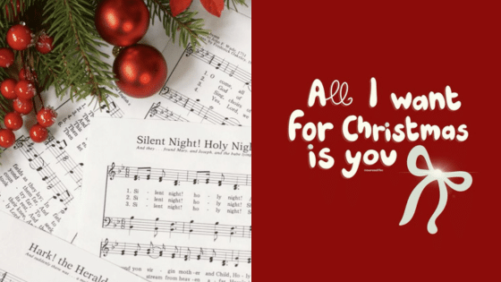Viewing Deck Blog копия 9 Christmas sheet music and red ornaments with All I Want for Christmas is You text on a red background. | Sky Rye Design Christmas sheet music and red ornaments with All I Want for Christmas is You text on a red background.