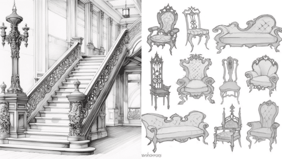 Viewing Deck Blog копия Elegant staircase and vintage baroque furniture sketches, featuring intricate designs and classic Victorian charm. | Sky Rye Design Elegant staircase and vintage baroque furniture sketches, featuring intricate designs and classic Victorian charm.