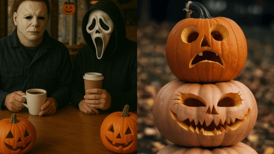 Viewing Deck Blog Two people in Halloween masks drinking coffee, next to carved jack-o'-lanterns; spooky and festive autumn setting. | Sky Rye Design Two people in Halloween masks drinking coffee, next to carved jack-o'-lanterns; spooky and festive autumn setting.