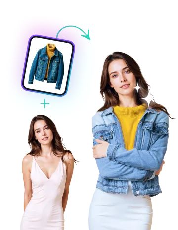 Woman in denim jacket and yellow top, transformation from sleeveless dress. Blue jacket and yellow top in photo frame.
