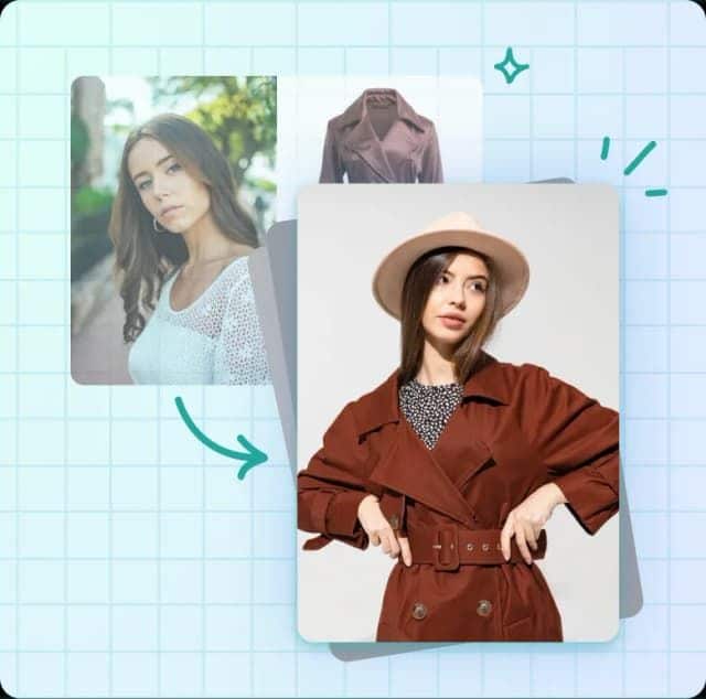 Woman modeling stylish hat and trench coat with transformation styling concept.