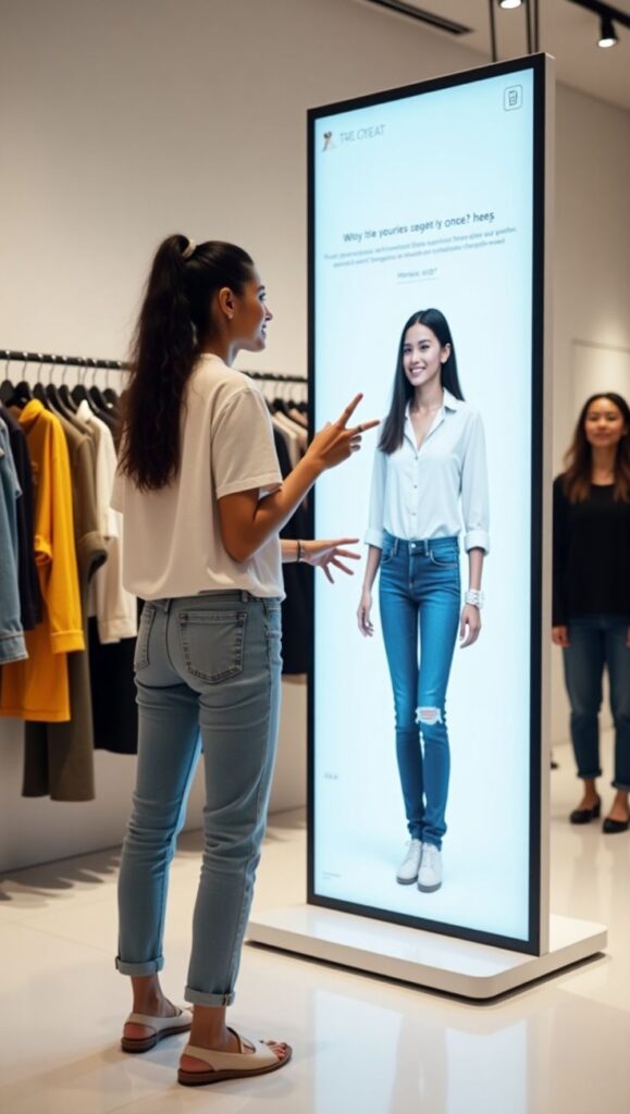 Woman interacting with digital mirror in modern clothing store, showcasing virtual outfit try-on.
