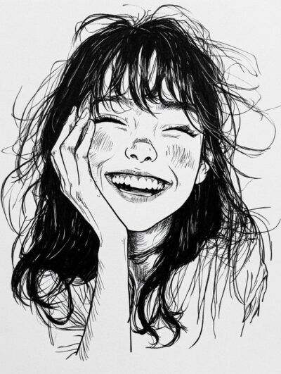 Black and white sketch of a woman laughing with tousled hair and hand on cheek, capturing joy and spontaneity.
