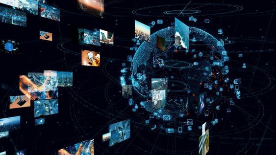 Futuristic digital globe with floating images and icons, representing global connectivity and information flow.