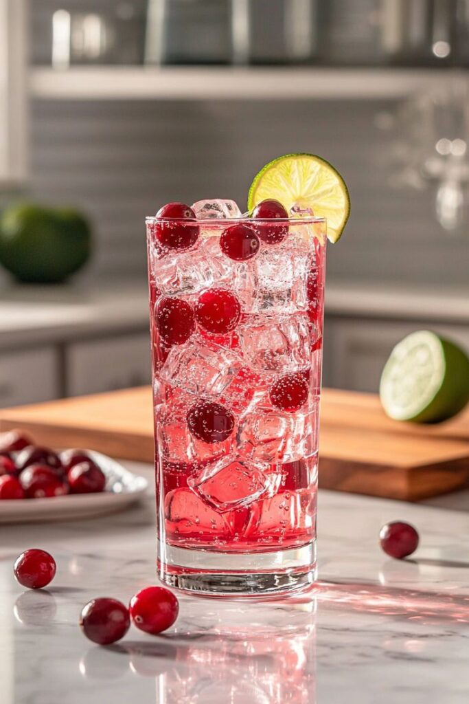 Refreshing cranberry cocktail with ice and lime slice on a marble countertop. Perfect for summer.