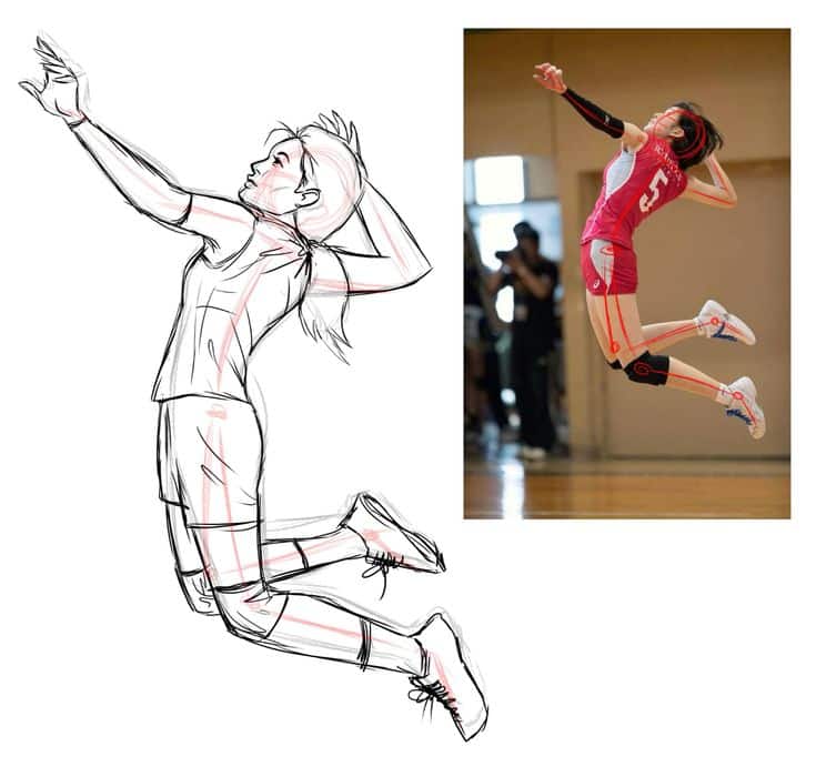 Volleyball player mid-jump and corresponding sketch outline, highlighting dynamic movement and action pose.