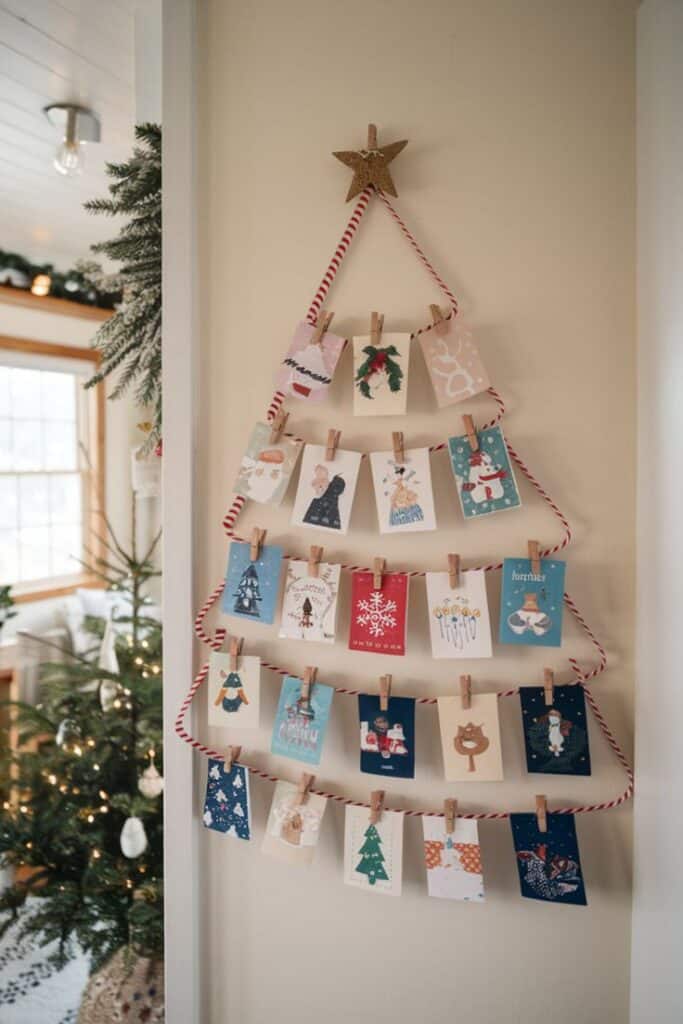 Wall-Mounted Card Display DIY Christmas Tiny House Decor Ideas DIY festive card display arranged as a Christmas tree on the wall, decorated with holiday cards and a star on top. | Sky Rye Design DIY festive card display arranged as a Christmas tree on the wall, decorated with holiday cards and a star on top.