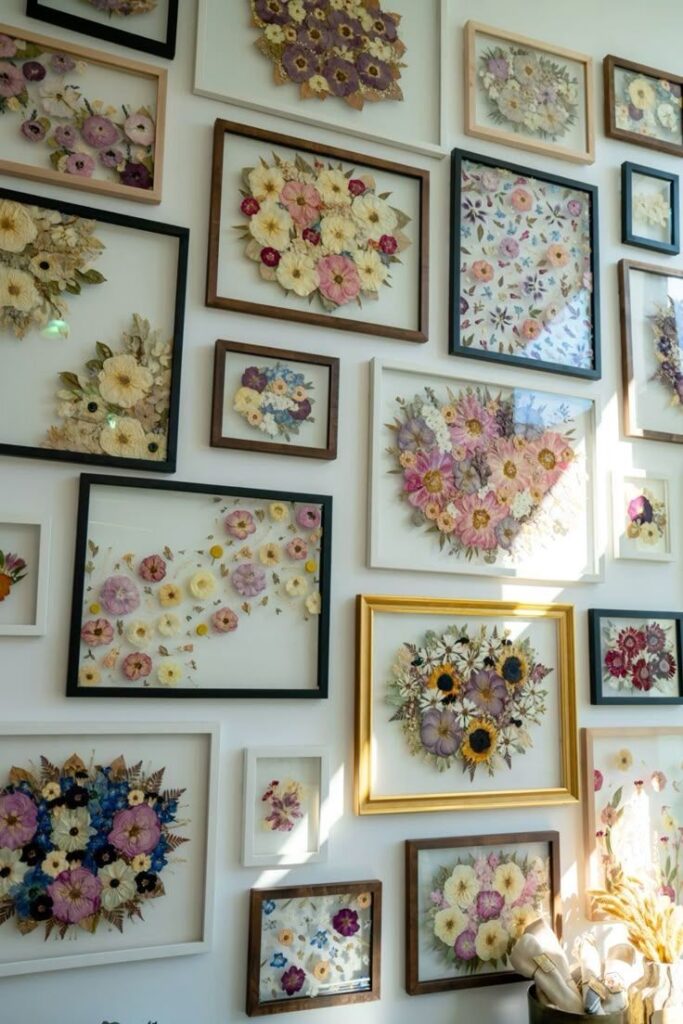 Wall of flowers Wall display of framed, colorful pressed floral art with sunlight casting shadows. | Sky Rye Design Wall display of framed, colorful pressed floral art with sunlight casting shadows.