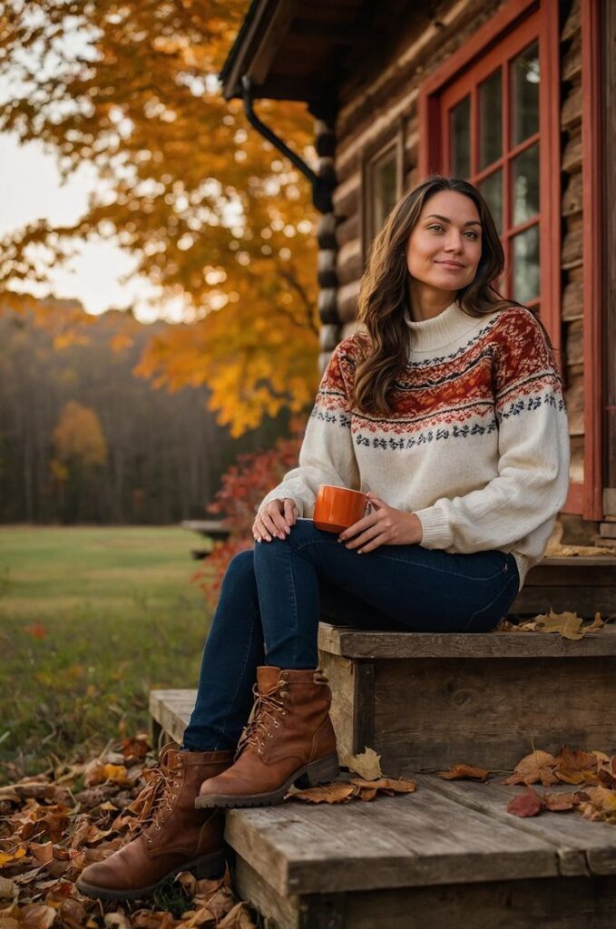 Woman in cozy sweater with a mug, sitting on cabin steps amidst fall foliage. Relaxed autumn vibe.