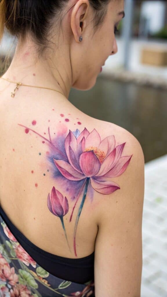 Watercolor Bloom Art for a Unique Look Woman with a colorful lotus tattoo on her shoulder, wearing a floral top by a lakeside. | Sky Rye Design Woman with a colorful lotus tattoo on her shoulder, wearing a floral top by a lakeside.