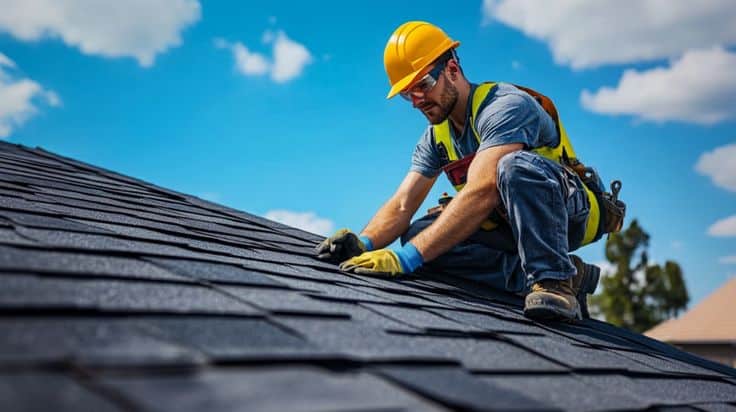 Construction worker in safety gear installing shingles on a roof under a clear sky.