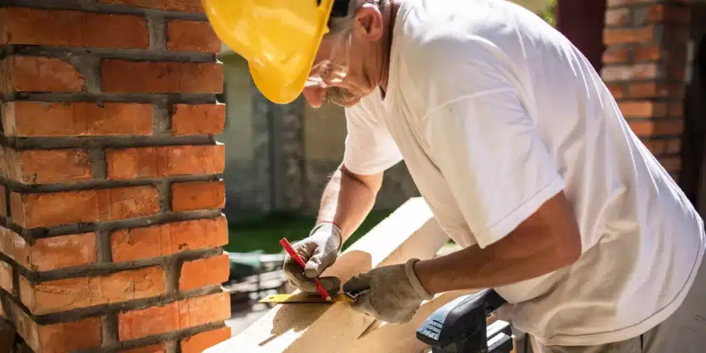 What-does-a-builder-do Carpenter measuring wood with precision, wearing safety gear at a construction site. | Sky Rye Design Carpenter measuring wood with precision, wearing safety gear at a construction site.