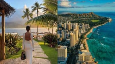 Tropical beach and cityscape, featuring a woman in white near palm trees and an aerial view of buildings and coastline.