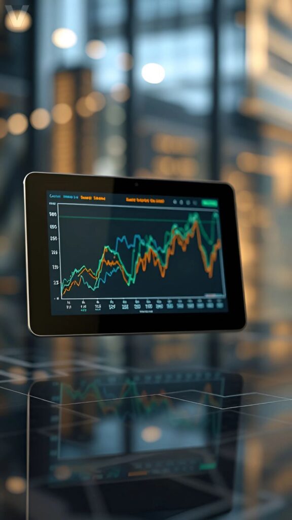 Tablet displaying financial graphs in a modern office setting with blurred city lights in the background.