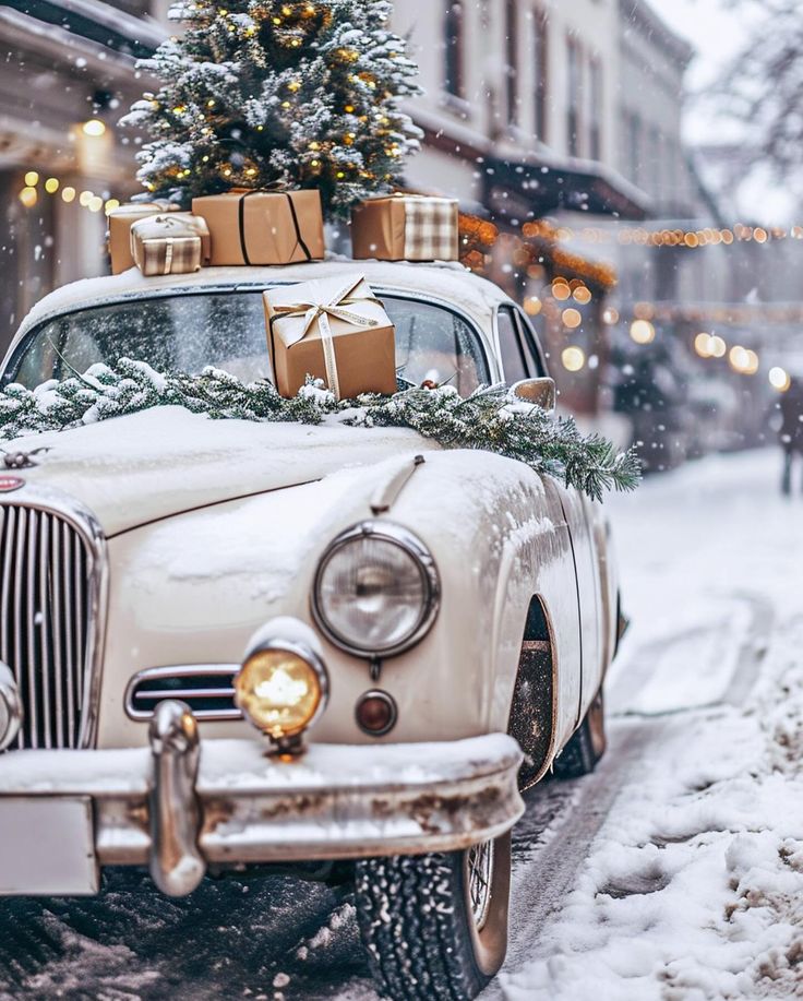 Which of these Winter holiday home aesthetics is Vintage car in snowy street with Christmas tree and gifts on roof, decorated for festive holiday season. | Sky Rye Design Vintage car in snowy street with Christmas tree and gifts on roof, decorated for festive holiday season.