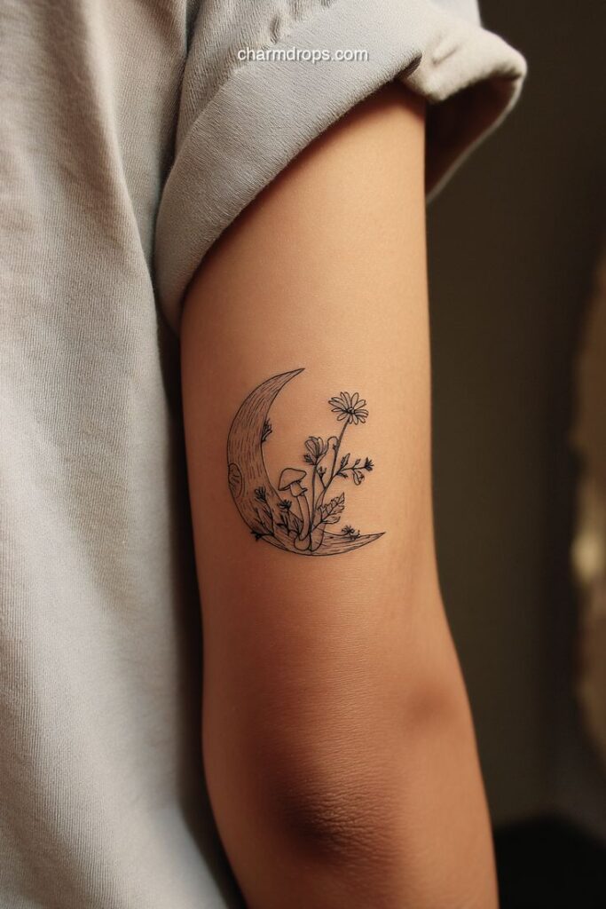 Whimsical Cottagecore Tattoos to Embrace Fairy Tale Charm 🌙✨ Arm tattoo of a crescent moon with flowers and mushrooms, showcasing minimalist nature-inspired art. | Sky Rye Design Arm tattoo of a crescent moon with flowers and mushrooms, showcasing minimalist nature-inspired art.