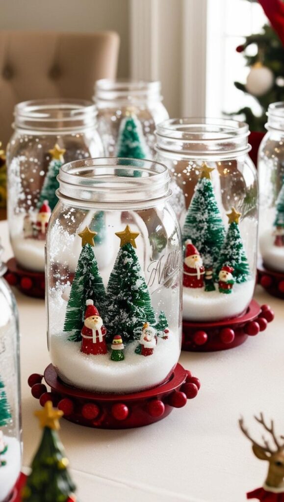 DIY snow globe jars with mini Santa, trees, and stars, perfect for festive Christmas decor on a table.