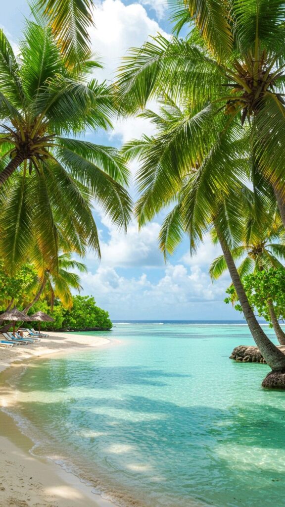 White Sandy Beach ⛱️ Tropical beach with turquoise water, palm trees, and sunny sky creating a serene paradise getaway. | Sky Rye Design Tropical beach with turquoise water, palm trees, and sunny sky creating a serene paradise getaway.