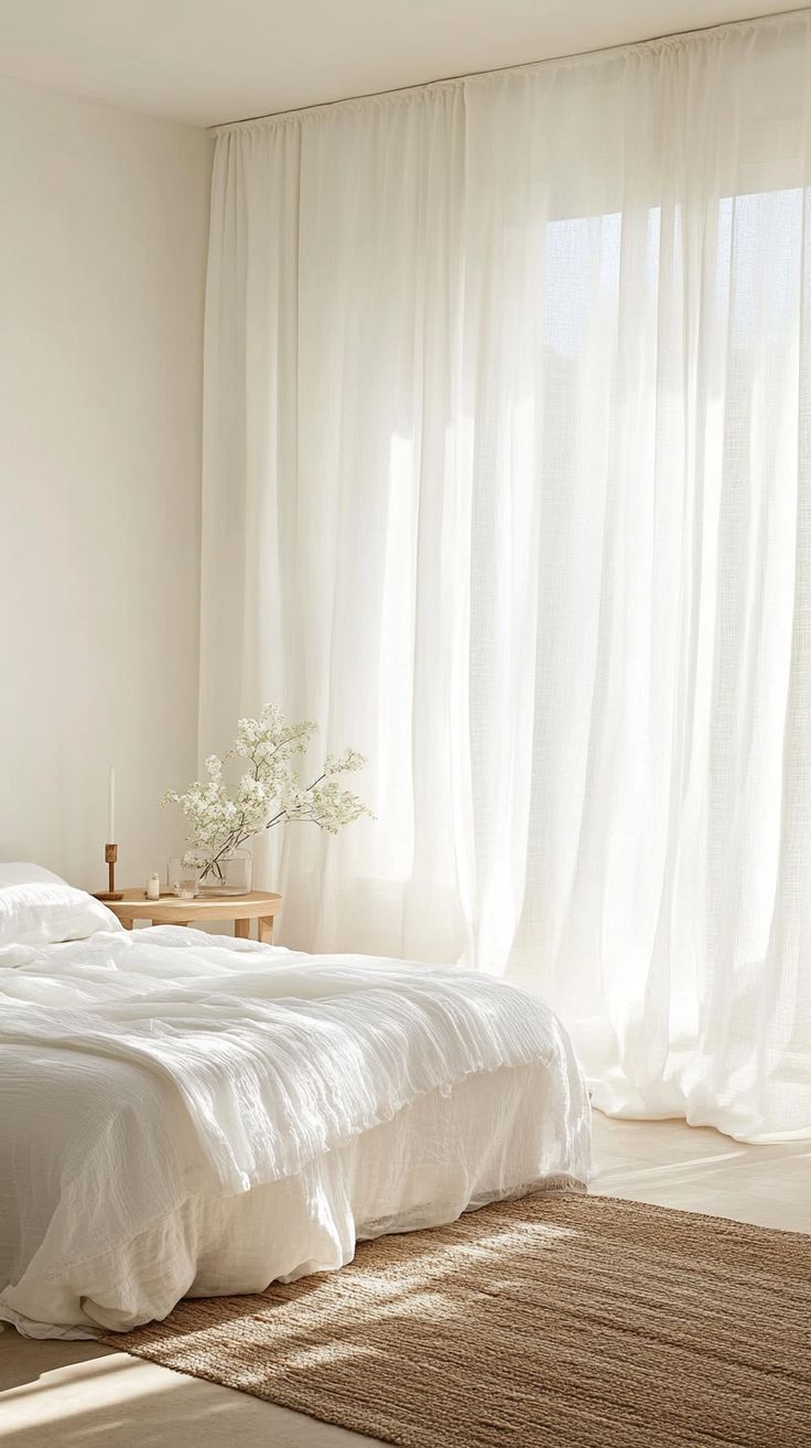 White-on-White Summer Bedroom Looks for Breezy Comfort Minimalist bedroom with natural light, white bedding, sheer curtains, and a wooden side table with flowers. | Sky Rye Design Minimalist bedroom with natural light, white bedding, sheer curtains, and a wooden side table with flowers.