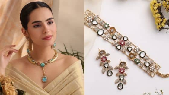 Why American Wedding Doesnt Have to Mean Compromising on Jewelry Woman in elegant attire wearing a turquoise necklace; ornate jewelry set with earrings displayed beside her. | Sky Rye Design Woman in elegant attire wearing a turquoise necklace; ornate jewelry set with earrings displayed beside her.