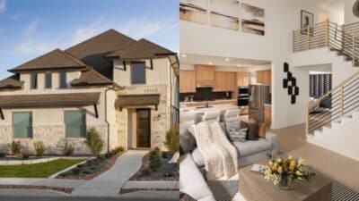 Modern stone house exterior and stylish interior living space with kitchen and staircase.