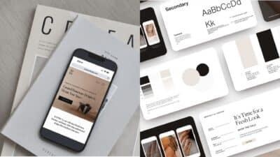 Mobile website on phone and branding design elements, featuring fonts, color schemes, and organized layout.