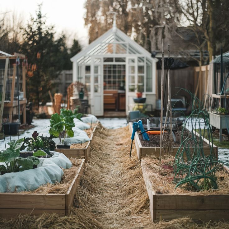 Winter garden beds with protective covers leading to a greenhouse. Gardening tools and straw mulch visible.