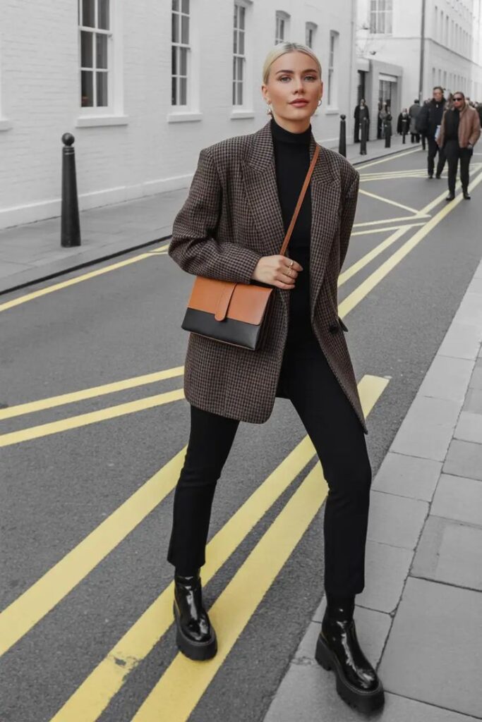 Fashionable woman in street style outfit, brown blazer, black pants, and boots, walking on city street with crossbody bag.