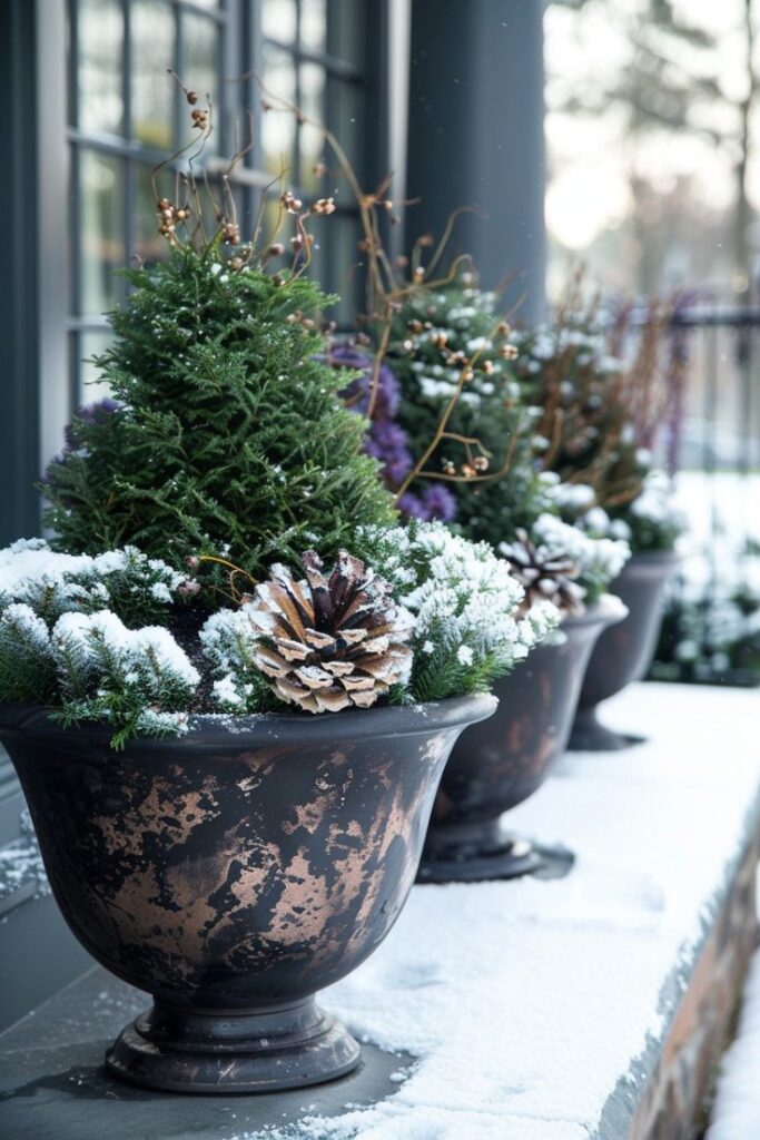 Winter planter display with pinecones, evergreen sprigs, and snow-dusted branches in rustic pots on snowy patio.