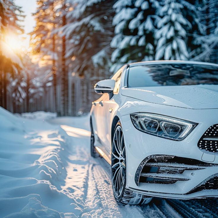 Winter Road Adventure White luxury car driving through snowy forest, sunlight peeks through trees, winter elegance and adventure. | Sky Rye Design White luxury car driving through snowy forest, sunlight peeks through trees, winter elegance and adventure.