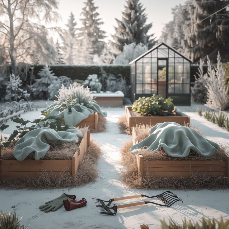 Winter garden with raised beds, covered plants, and a greenhouse, tools in foreground, surrounded by frost.