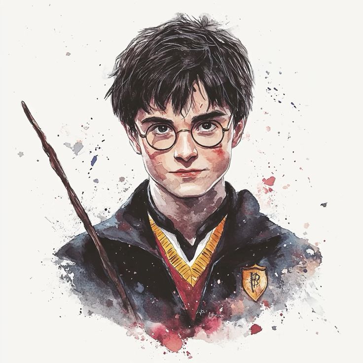 Wizard Harry Potter Gryffindor house uniform Illustrated portrait of a young wizard with glasses holding a wand, wearing a robe with a crest on his chest. | Sky Rye Design Illustrated portrait of a young wizard with glasses holding a wand, wearing a robe with a crest on his chest.