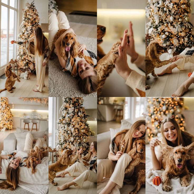 Woman and dog enjoying Christmas by tree, playing and bonding in cozy home setting.