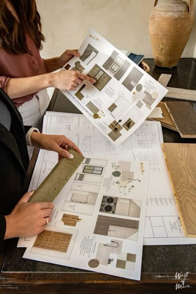 Work mode Interior designers reviewing architectural plans and material samples on a desk. | Sky Rye Design Interior designers reviewing architectural plans and material samples on a desk.