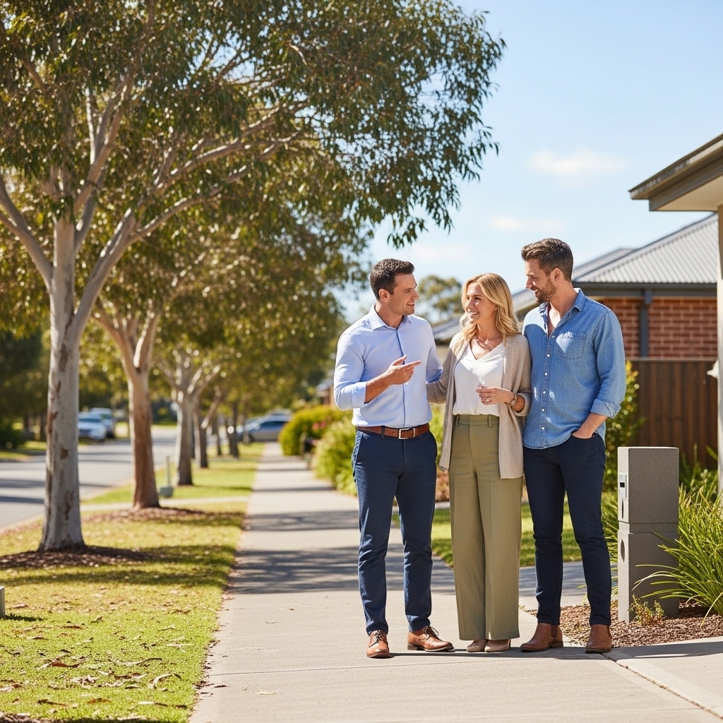 Group of three friends talking and walking on a sunny suburban street, lined with trees and houses.