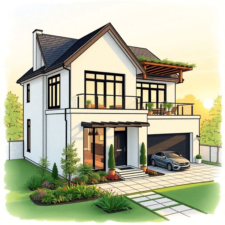 Modern two-story house with large windows, lush garden, and parked car, illuminated by sunset.