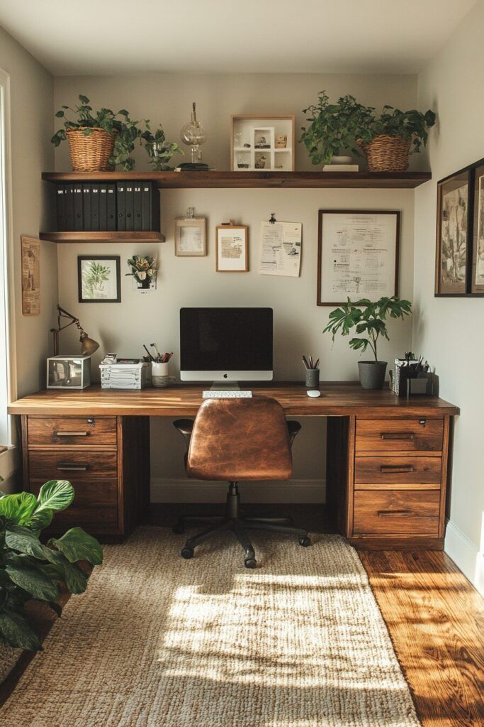 Workspace Design Ideas 1 Cozy home office with wooden desk, computer, art, and plants for a productive workspace atmosphere. | Sky Rye Design Cozy home office with wooden desk, computer, art, and plants for a productive workspace atmosphere.