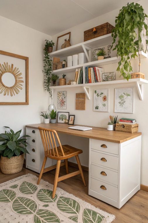 Workspace Design Ideas 2 Home office with a wooden desk, chair, plants, white shelves, books, and green botanical decor. Cozy and natural workspace. | Sky Rye Design Home office with a wooden desk, chair, plants, white shelves, books, and green botanical decor. Cozy and natural workspace.