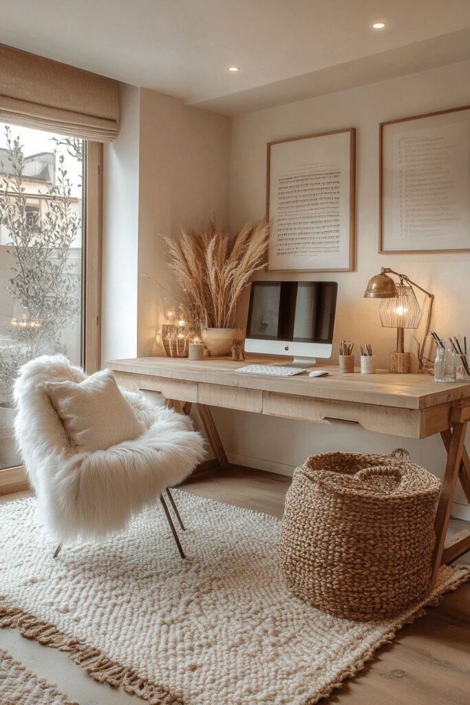 Workspace Design Ideas 3 Cozy home office with a wooden desk, computer, fur chair, and decorative plants for a warm, inviting workspace. | Sky Rye Design Cozy home office with a wooden desk, computer, fur chair, and decorative plants for a warm, inviting workspace.