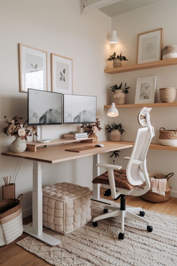 Workspace Design Ideas 4 Minimalist home office with dual monitors, ergonomic chair, and decor on wooden shelves for a cozy work environment. | Sky Rye Design Minimalist home office with dual monitors, ergonomic chair, and decor on wooden shelves for a cozy work environment.