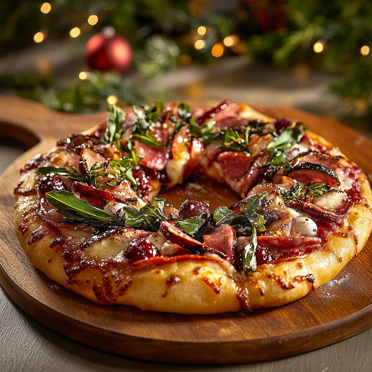 Festive pizza wreath with meats, greens, and cheese on a wooden board, surrounded by holiday lights and decorations.