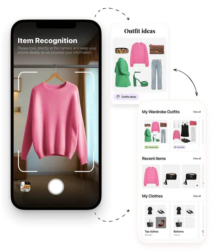Smart wardrobe app: Pink sweater recognition, suggested outfit ideas, personalized style management.