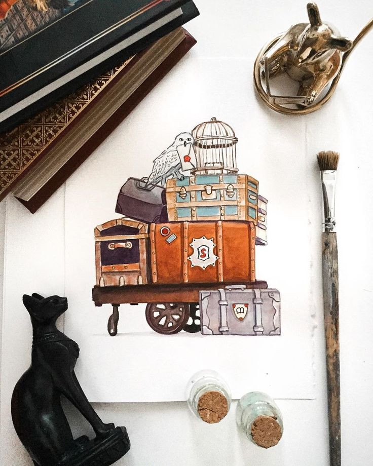 Youve got a letter from Hogwarts💌_ Illustration of vintage luggage with an owl and books, surrounded by a paintbrush and sculptures on a white surface. | Sky Rye Design Illustration of vintage luggage with an owl and books, surrounded by a paintbrush and sculptures on a white surface.