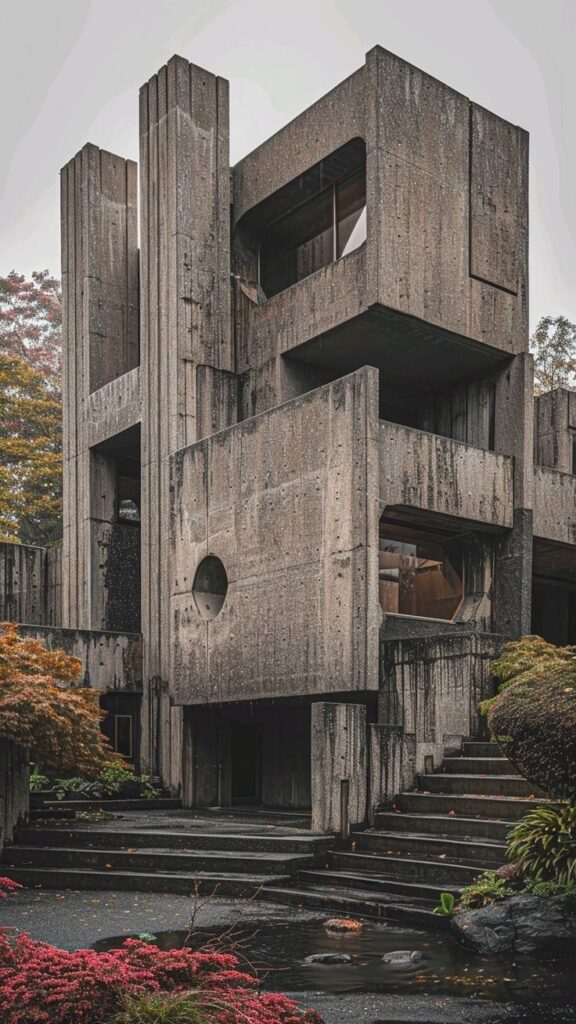 Brutalist concrete architecture with geometric design, surrounded by lush greenery and stairs leading to entrance.