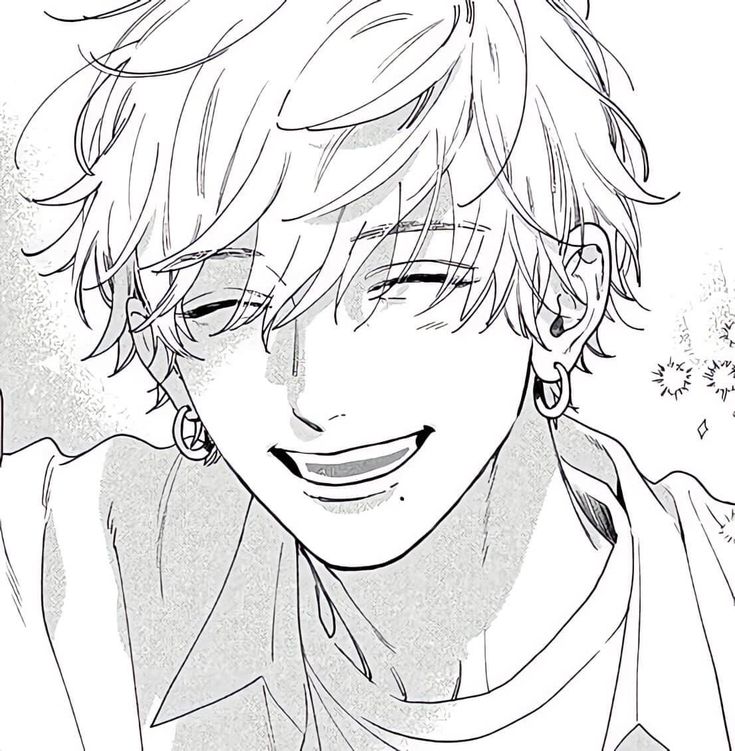 a1516a36975f5a540edaa9fff86b4534 Smiling anime character with short hair and earrings, conveying joy and warmth. Black and white manga illustration. | Sky Rye Design Smiling anime character with short hair and earrings, conveying joy and warmth. Black and white manga illustration.