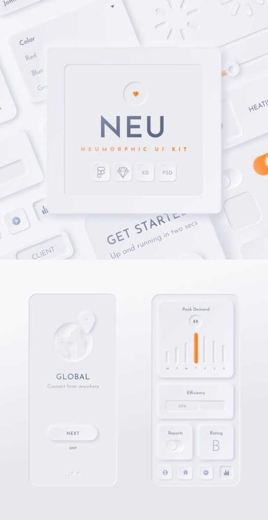 Neumorphic UI kit showcasing sleek app interface design with graphs and controls for enhanced user experience.