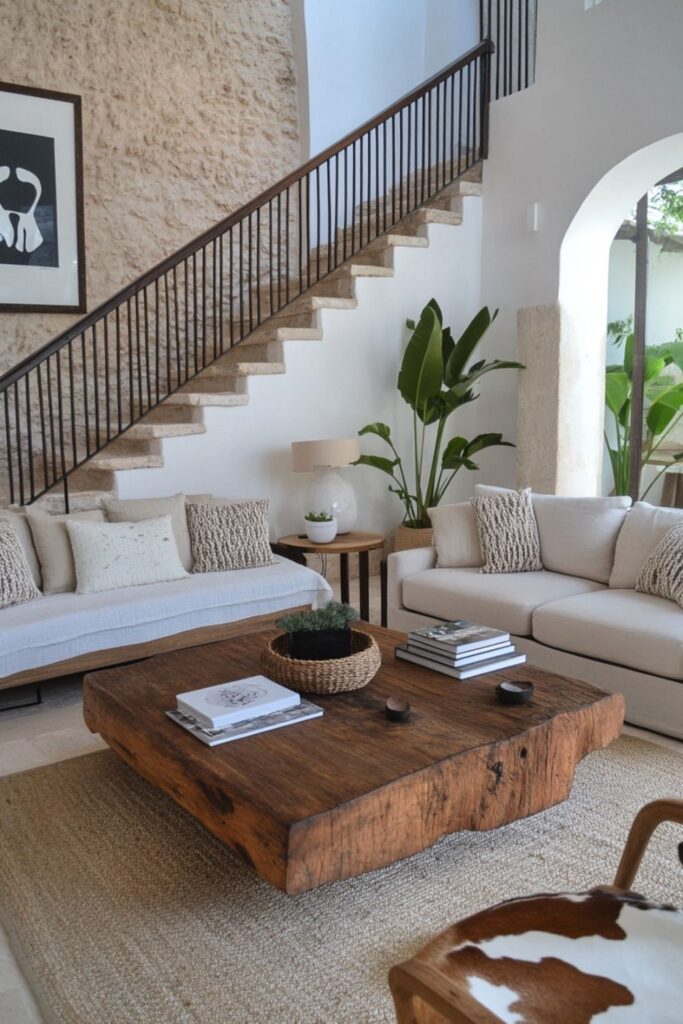 Elegant living room with rustic wooden coffee table, neutral sofas, and indoor plants beneath a stone staircase.