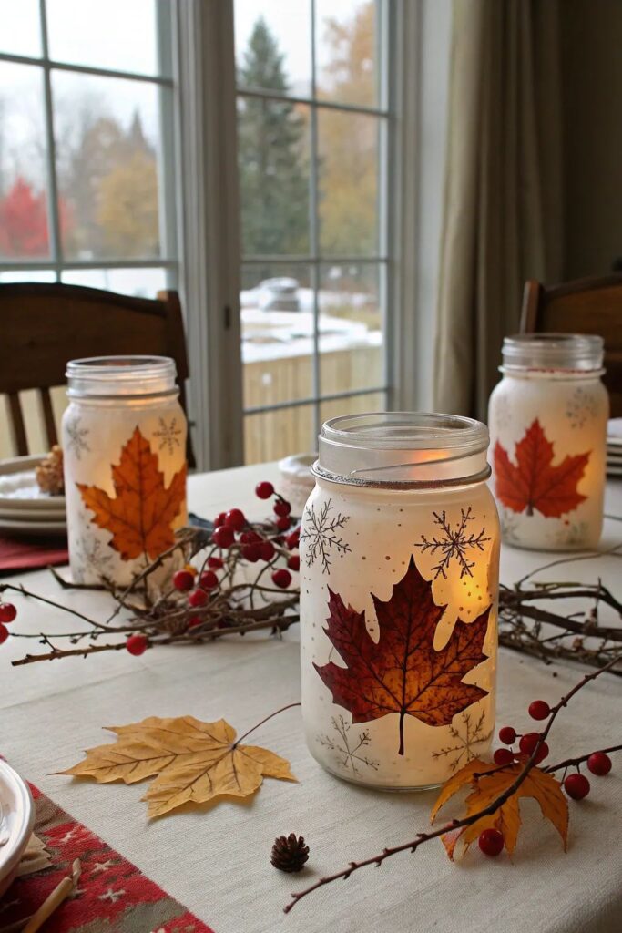 Cozy fall decor with maple leaf lanterns and red berries on a table by the window, perfect for autumn ambience.