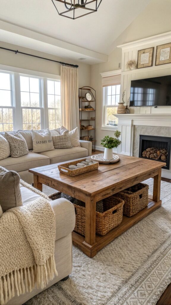 Cozy living room with beige sofa, wooden coffee table, baskets, and fireplace, featuring neutral tones and soft textures.